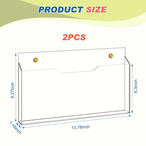 Feifeiya 2Pcs Clear Acrylic File Holder Wall Mount Mail Magazine Organizer File Holders with Screw Wall Pocket Office Document Storage Rack Magazine Letter Brochure(14 x8.3 x1.2,Horizontal)