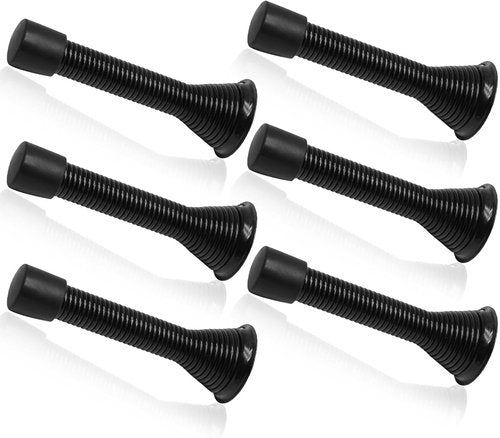 Skiennix 6 Pack Adjustable Spring Door Stoppers - Rubber Bumper, 3 to 4 Inch, Flexible Wall Stops | Black