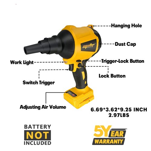 High Volume Compressed Air Duster Compatible with Dewalt 20v Battery- 3 Speeds, 50000RPM Brushless Motor, LED Light, 7 Multi-Use Accessories, Ideal for PC Keyboard, Pool Toy (Tool Only)