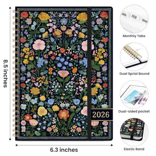 2026 Planner, Weekly and Monthly Planner for Women, Jan 2026 - Dec 2026 Pretty 2026 Calendar Planner with Monthly Tabs, Inner Pocket, Spiral Binding, Perfect for Office Home School - 6.3" x 8.5", Garden of Whimsy