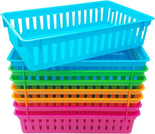 KWAGOCAR 8-Pack Classroom Storage Baskets - Colorful Plastic Organizers for Desk & Home | Small Pencil Holder Trays
