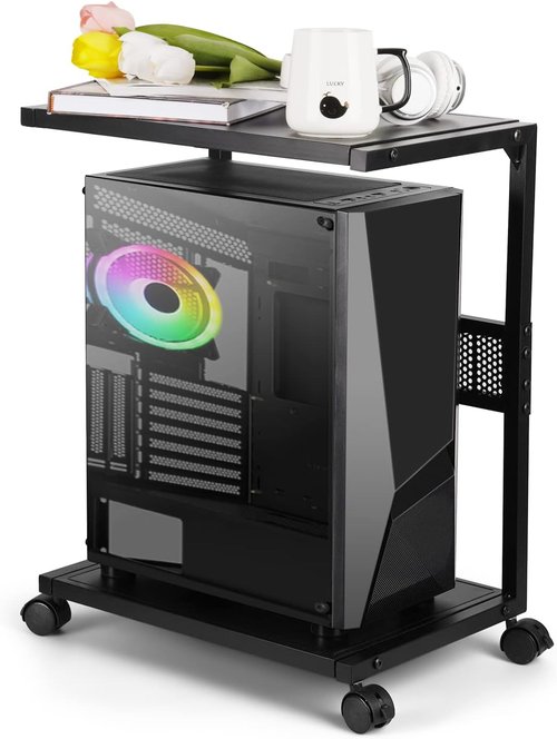Liitrton PC Tower Stand - 2-Tier CPU Stand with Locking Caster Wheels - Iron Black for Office & Home