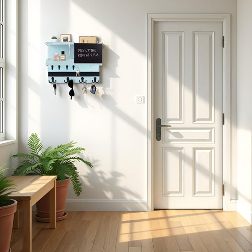HEKOOLA Key Holder for Wall Mount, Farmhouse Mail and Key Holder for Wall Hanger with ‌Various‌ Hooks, Home Decor Rack with Chalkboard and Shelf(Pine Wood,Blue)