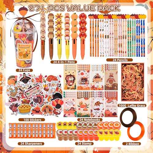 247 Pcs Thanksgiving Return Gifts for Birthday, Student Stationery Gifts from Teacher, Classroom Gifts Pencil Erasers Notesbook Stickers for Thanksgiving Classroom Birthday Goodie Bags Rewards Prizes