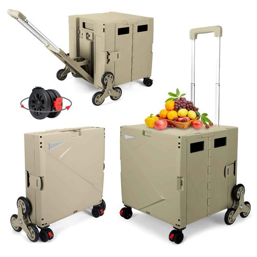 FELICON Folding Climber Utility Cart Rolling Crate Tote on Rotate Wheels with Adjustable Handle Hidden Lid Cup Holder Storage Toolbox for Teacher Office File Move Shop Travel Laundry Grocery(Coffee)