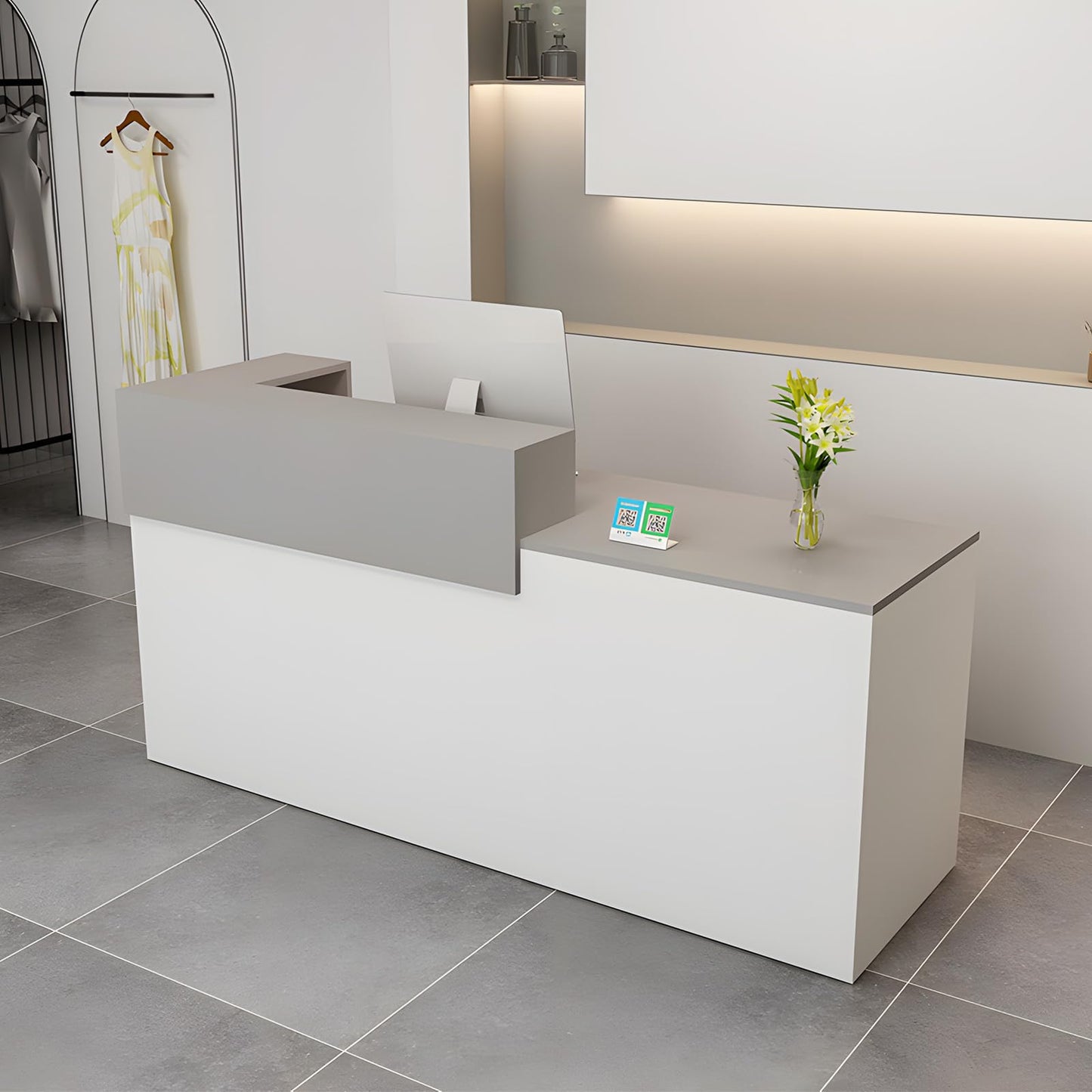 Modern Reception Desk with Drawer & Open Shelves, 39-95 Inch Front Counter Table, Computer Workstation Suitable for Salons, Offices, Lobbies, Retail Stores and Home Offices