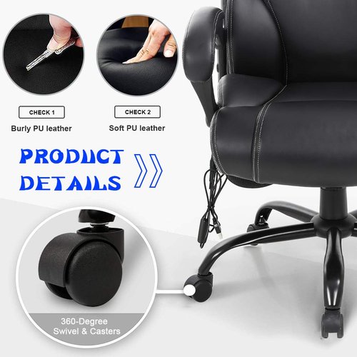 BestOffice Big and Tall Office Chair 400lbs Heavy Duty Metal Base Ergonomic Massage Desk Chair with Lumbar Support Arms High Back PU Leather Executive Task Computer Chair for Home Office