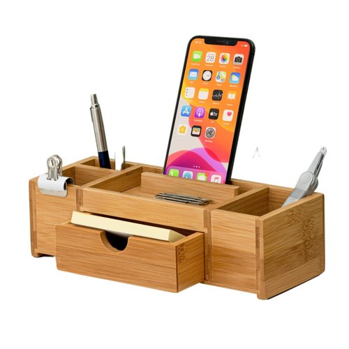 TROEX Bamboo Desk Organizer – Durable Office Wood Desk Organizer with Drawers, Storage Compartments, Pen Holder, and Phone Holder- Home and Office Desk Organizers and Accessories