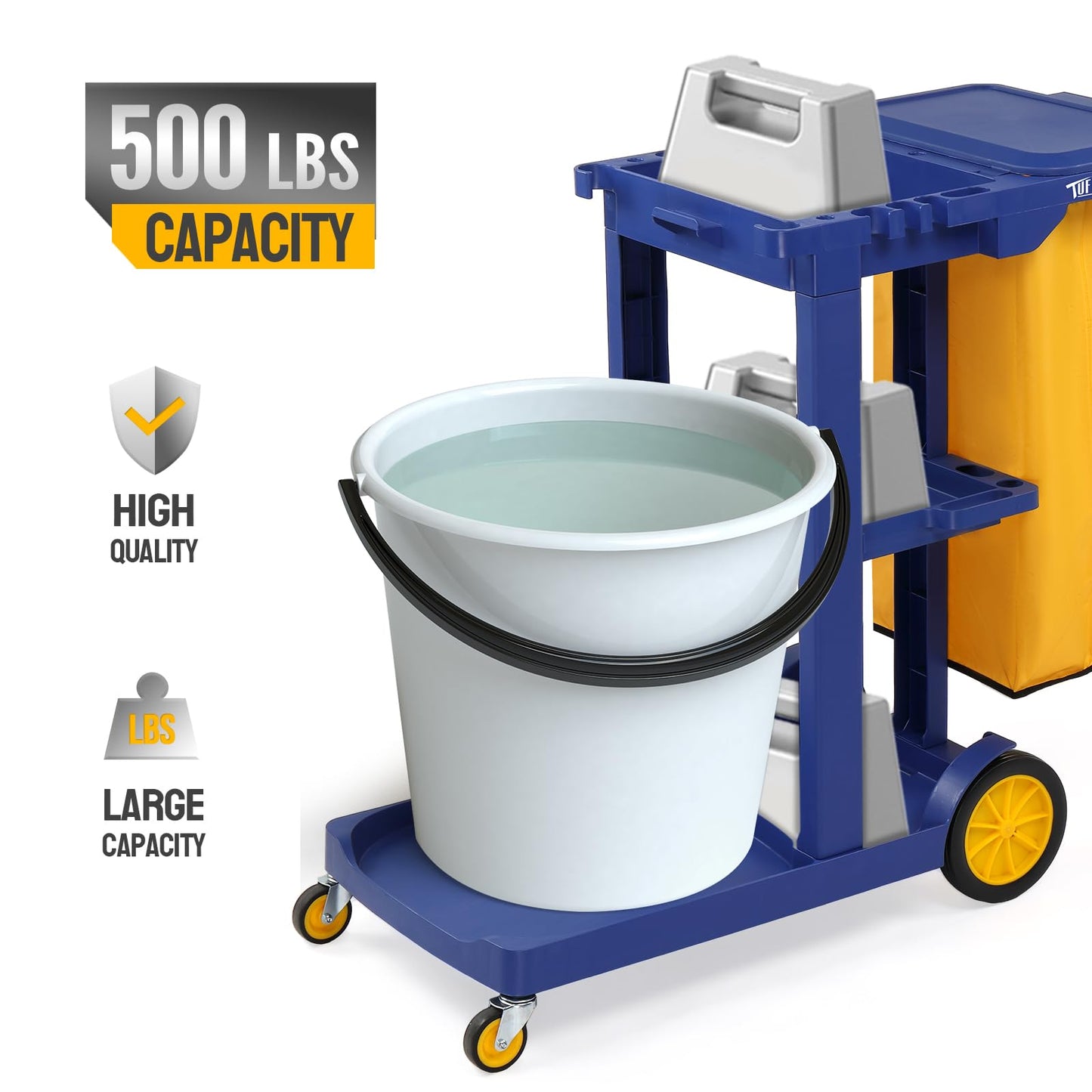 TUFFIOM Commercial Traditional Cleaning 3-Shelf Janitorial Cart, 500 Lbs Capacity Housekeeping Cart, Wheeled with Yellow VinylBag and Cover w Lid, Blue,