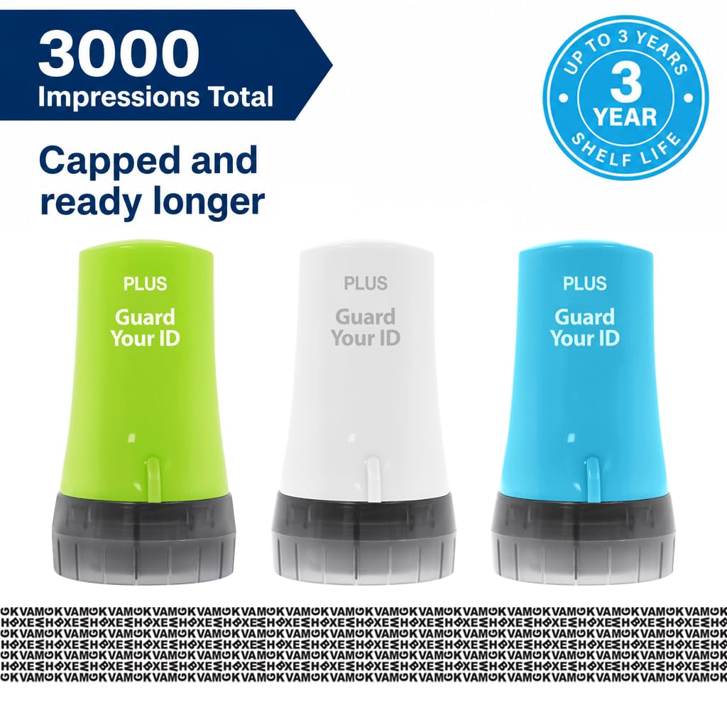 Guard Your ID Advanced Roller 3-Pack — Identity Theft Protection Stamp, Privacy Roller for Mail, Documents & Labels, Shredder Alternative, 1,000 Impressions per Roller (Turquoise, Green, White)