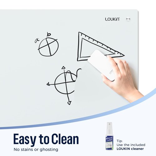 Loukin Glass Whiteboard for Wall, Magnetic Dry Erase Glass Board, Framless Surface White Board for Office, School, Dry Erase Whiteboard Set Includes Cleaner & Eraser & Marker (24" x 36")