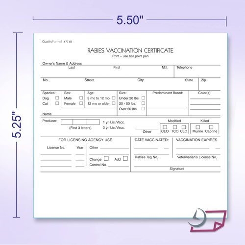 NextDayLabels - Veterinarian, 3-Part Rabies Vaccination Certificates for Cats & Dogs (100 Sets per Package)