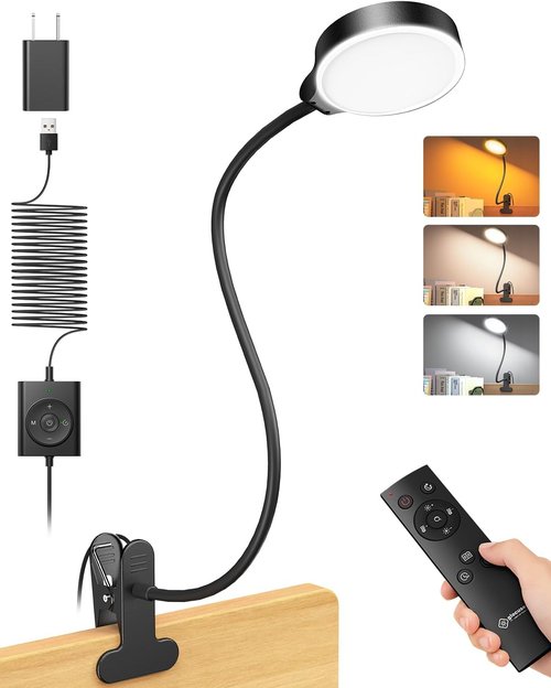 Glocusent 5W Reading Light - 36 LED Eye-Caring Bed Lamp with 3 Colors & 5 Brightness Levels | Black with Remote