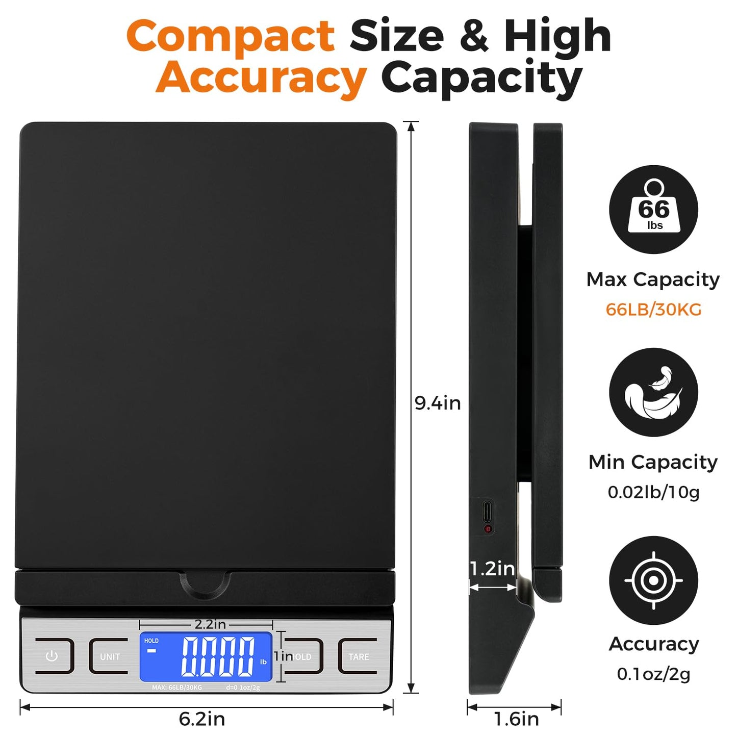 TIPRE Digital Shipping Postal Scale - 66lb Capacity with Envelope Holder & Tare Function | Black