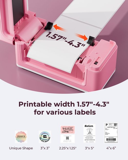MUNBYN Bluetooth Thermal Label Printer - Wireless 300DPI 4x6 Shipping Labels | Compatible with Windows, Mac, iPhone, Android (Pink)