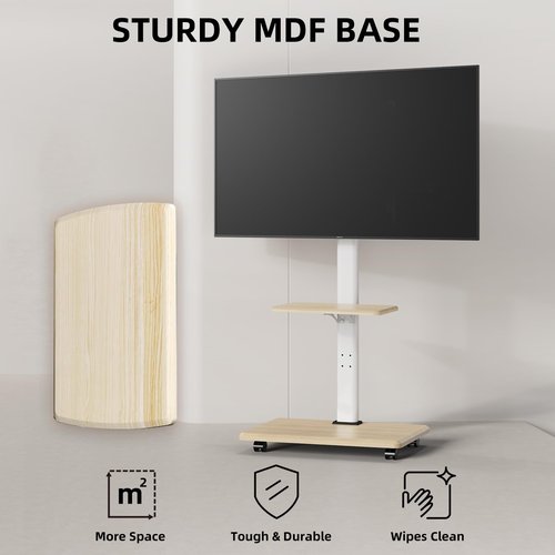 Rolling TV Stand with Wheels, Mobile TV Cart for 32-75 Inch Flat Screen TVs, Floor TV Stand with Swivel and Height Adjustment, Portable AV Cart with Wood Shelf for Bedroom,Home Office
