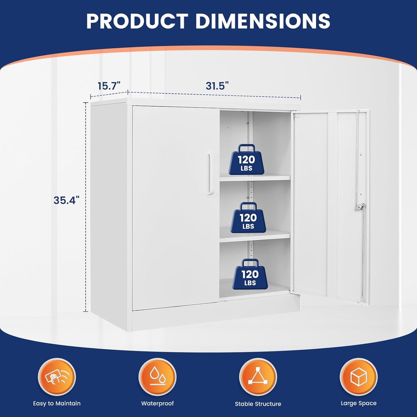 Yizosh Metal Garage Storage Cabinet - Lockable 35.5" Steel File Cabinet with 2 Adjustable Shelves | White