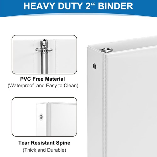 2 Inch 3-Ring Binder, 2" Round Ring Binder with 2 Inside Pockets, 6 Pack White Binders, Clear View Cover, Holds Up to 450 Sheets 8.5" x 11" Paper，Durable Binders for Office/Home/Back to School
