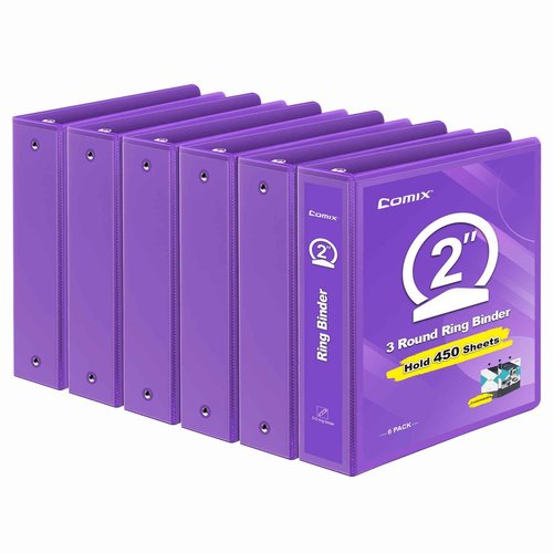 COMIX 3 Ring Binder 2 inch with Clear View Cover, 2" View Binder Holds 450 Sheets of US Letter Size Paper, 6 Pack (Purple)