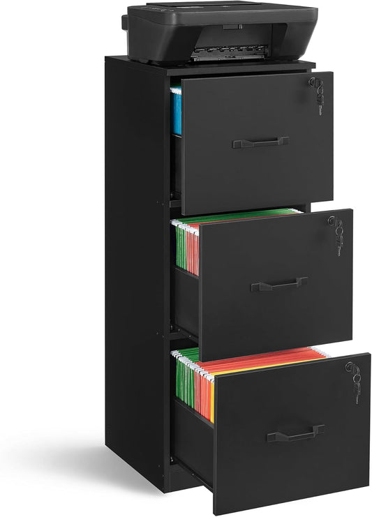 VASAGLE 3-Drawer Vertical File Cabinet - Lockable Storage for Home Office | Adjustable for A4 & Letter Size Files - Ink Black