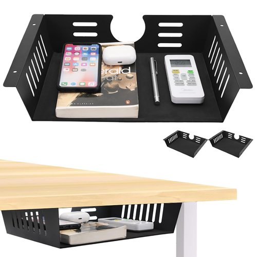 2 Pack Under Desk Shelf - Under Desk Storage Shelf Metals,Under Desk Organizer - Black Under Shelf Storage for Office Tables & Workstations（11 Inch）