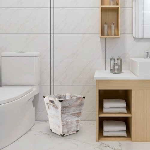 VERGOODR Farmhouse Style Wooden Square Trash Can with Cutout Handles Decorative Metal Wastebaskets for Bedroom,Living Room, Bathroom & Office,Waste Bin Trash bin