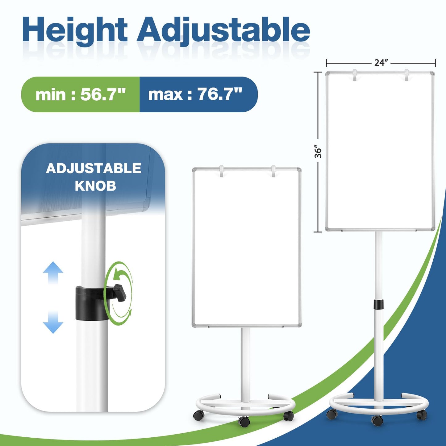 Magnetic Mobile Whiteboard, 36"x24", Height Adjustable Flip Chart Easel