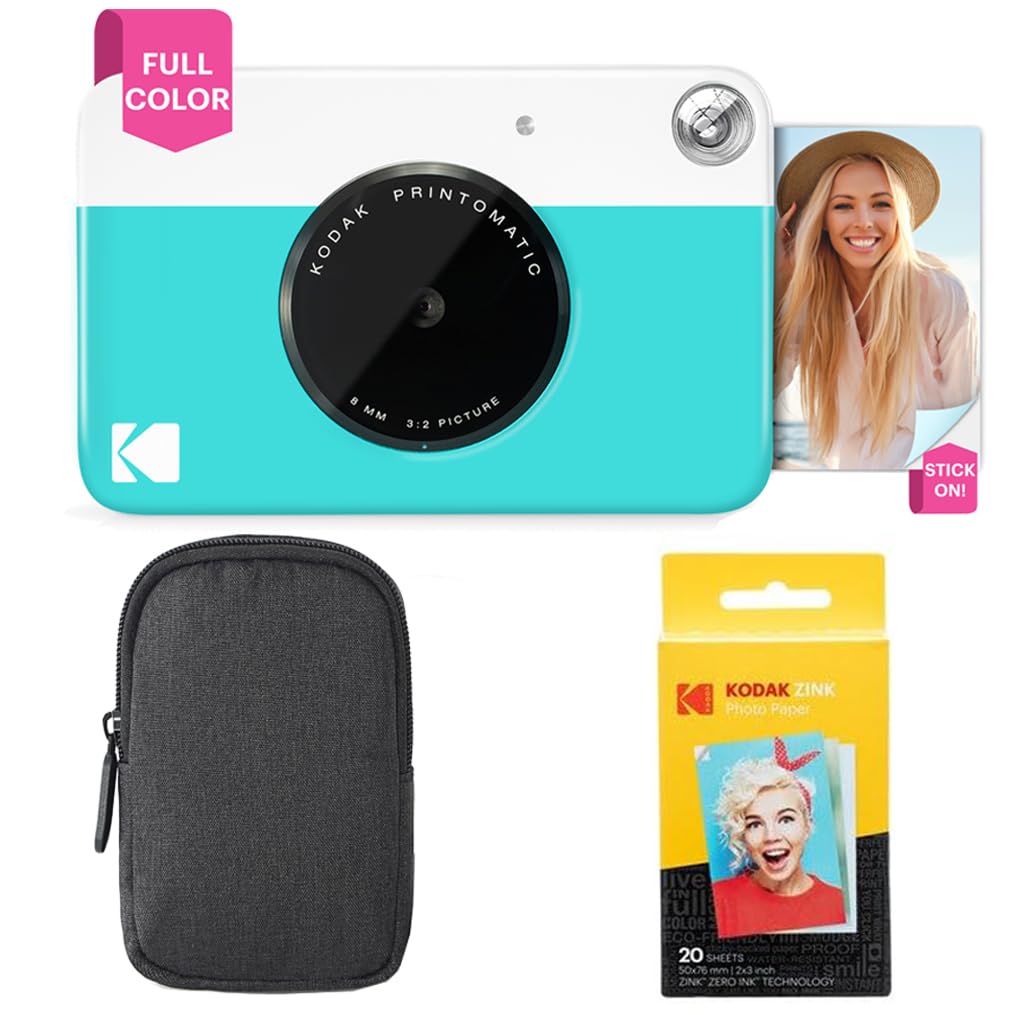 Kodak Printomatic Full-Color Instant Print Camera Starter Bundle + Carrying Case + Zink 20pk Photo Paper - Colorful Photos On 2x3 Sticky-Back Paper - Fun Gift for Birthday Christmas Holiday - Blue