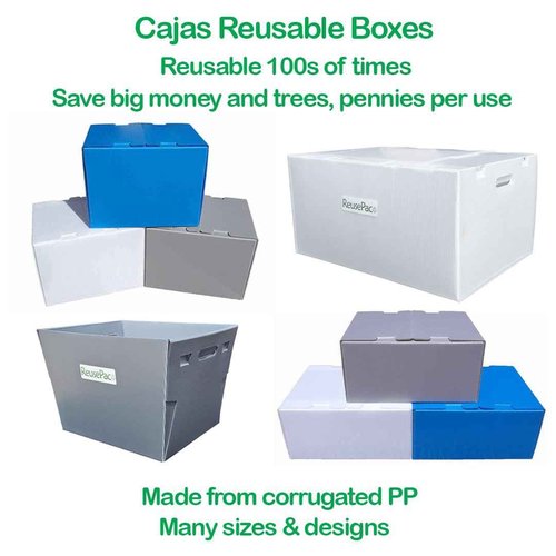 REUSEPAC Reusable Foldable Box Corrugated PP Lightweight, Storage Moving Mailing, Heavy Duty Stackable, Tape Free Self-Locking Lid for Business Home In/Outdoors (Gray 4 Pack, 24x16x12in)