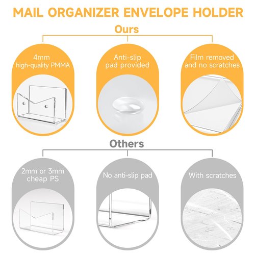 Rulyyo Mail Organizer Envelope Holder - 3 Compartments Clear Acrylic Mail Holder Countertop Vertical Desk Organizer Small File Bill Document Notebook Letter Sorter for Home School Office Supplies
