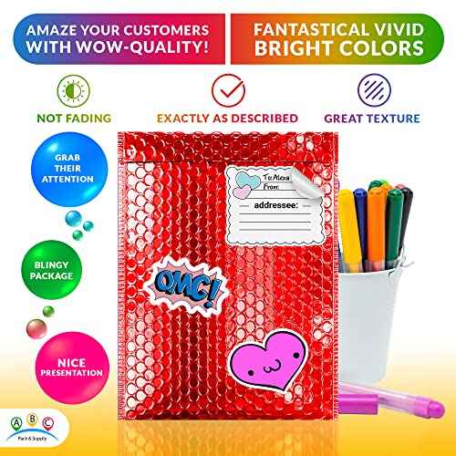 ABC Red Metallic Bubble Mailers, 12.75 x 10.5 Inches. 25 Pack Metallic Bubble Envelope with Self-Seal Closure. Waterproof Poly Mailers Metallic. Bright Metallic Packaging Envelopes for Shipping