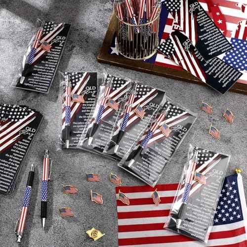 60 Set Veterans Day Gift Bulk American Flag Ballpoint Pens USA Flag Lapel Pins Patriotic Bookmarks Patriotic Souvenirs for Remembrance Day Party Military Supplies