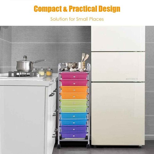 10-Tier Rolling Utility Cart with Lockable Casters, Mobile Utility Cart with 10 Drawers, Multipurpose Storage Organizer Cart for School, Office, Home, Kitchen (Rainbow)