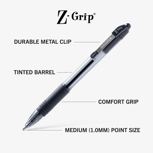 Zebra Pen Z-Grip Retractable Ballpoint Pens, Medium Point, 1.0mm, Black Ink, Soft Latex-Free Grip, Metal Pocket Clip, Plastic Barrel, 108 Pack, Ideal School Supplies & Office Supplies (22108)