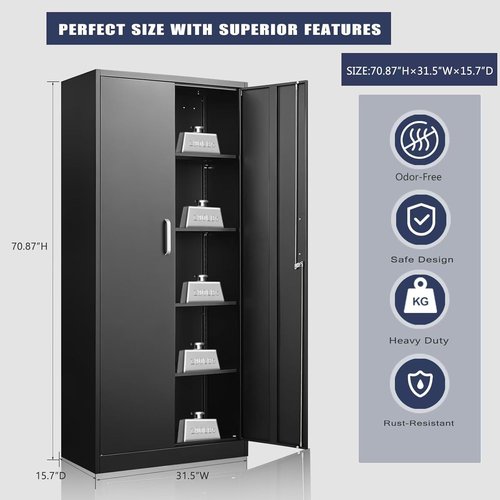 Guizeeopo Metal Garage Storage Cabinet - Adjustable Shelves & Doors | 71"H Matte Black Kitchen Pantry & File Cabinet