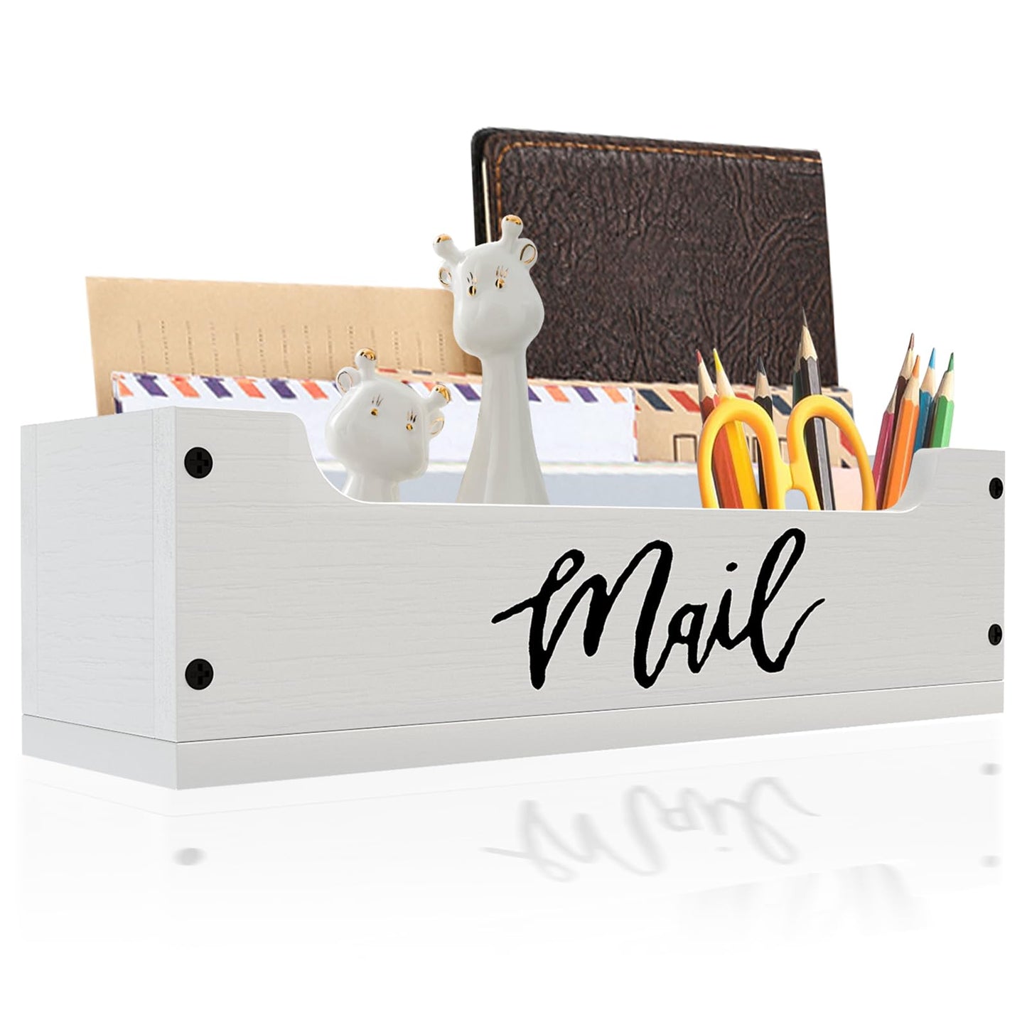 KISENG White Wooden Mail Organizer Countertop - Mail Organizer Wall Mounted, Office Mail Holder, Desktop Mail Basket for Counter, Letter Holder Box for Home Office Decor (White +Black Mail, 3.15")