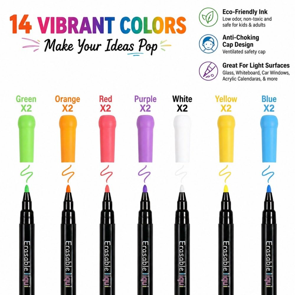 zimumoda 14 Pack Liquid Chalk Markers, Fine Tip 0.04 Inch Neon Wet Erase Pens for Acrylic Calendar, Glass Board, LED Note Board & Windows, Non-Toxic Dry Erase Markers for Home & Office (14)