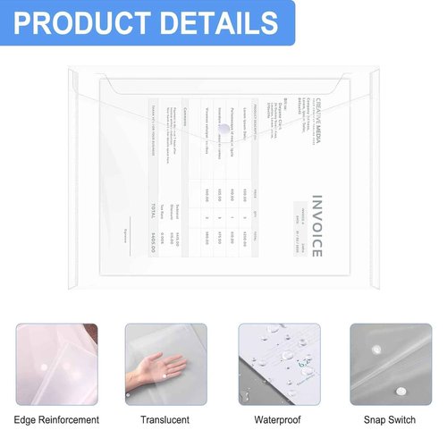 Voittozege 100 Pack Plastic Envelopes A4 Letter Size Plastic Envelope Clear Document Folders with Snap Button Closure Waterproof Envelope Folders with Closure for School Home Work Office Organization