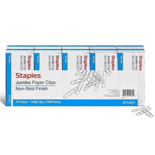Staples Paper Clips, 1.75 Inch, Heavy-Duty Jumbo Non-Skid Paperclips for Office, School, Personal Use, 1,000-Pack, Silver