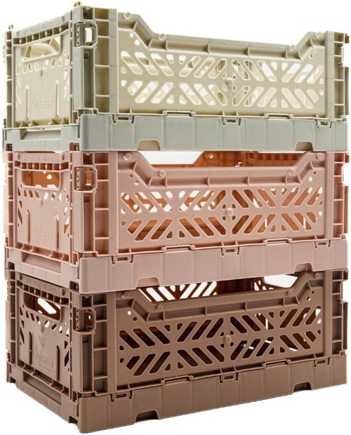 Collapsible Storage Box, Foldable Crate Organizer Bin with Handle, Stackable Crates for Home Organization (LightGray-MilkTea-WarmTaupe, 4L - 3-Pack)