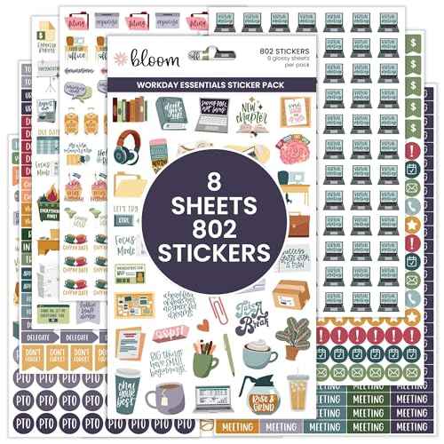 bloom daily planners Workday Essentials Planner Stickers - Productivity Variety Pack for Business Professionals - 8 Sheets / 802 Stickers - Meetings, Deadlines, Payday Icons for Work & Office