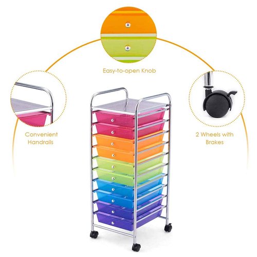 10-Tier Rolling Utility Cart with Lockable Casters, Mobile Utility Cart with 10 Drawers, Multipurpose Storage Organizer Cart for School, Office, Home, Kitchen (Rainbow)