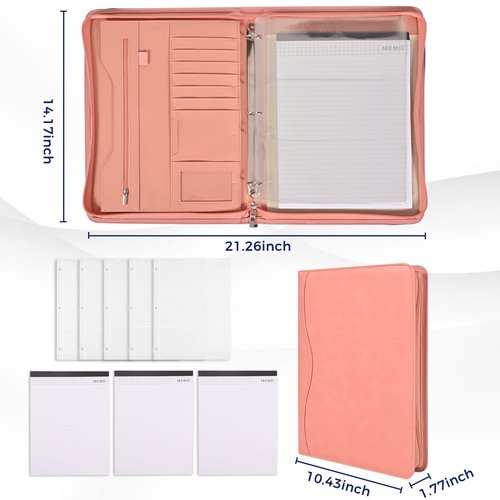 Sbrinnaliao 3-Ring Padfolio Portfolio Binder Organizer,PU Leather Folder Binder Business Planner Notebook Zippered Portfolio for Women/Men with Document Sleeve,Letter/A4 Size Clipboard