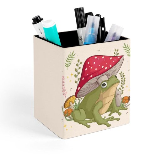 Niapessel Pencil Holder for Desk, Funny Frog with Mushrooms Pen Holder Storage Desktop Pen Organizer Desk Pencil Organizer Makeup Brush Holder for Office School College Leather