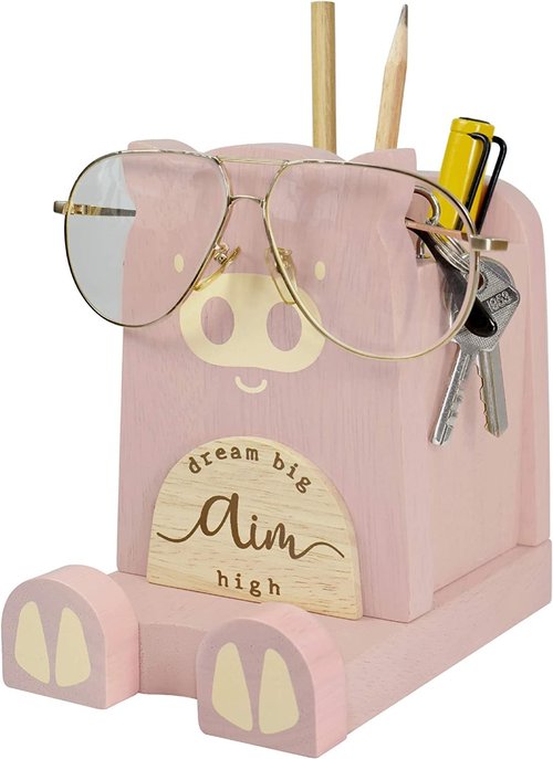 Wood Multipurpose Eyeglass Phone Pen & Pig Pencil Holder Stand Stationery Desk Box Organizer Accessories Decor, Home Office Desktop Decoration Birthday Graduation Gifts “Dream Big Aim High” (Piggy)