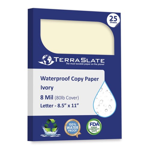TerraSlate Waterproof Paper, Rip-Proof Colored Paper, Ivory, 25 Sheets, 8 Mil, (80lb Cover), 8.5" x 11", Laser Printer and Copy Machine Compatible