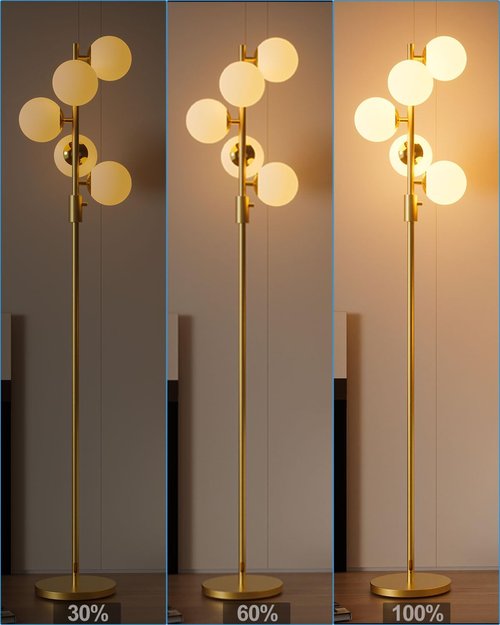 Lightdot Dimmable Globe Floor Lamp - Mid Century Modern Design with 5 Adjustable 3000K Bulbs | Gold Finish for Living Room & Bedroom Decor