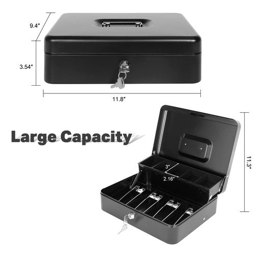 Cash Box with Key Lock and Money Tray - Metal Money Box for Cash Register, Large Cash Lock Box for Money Safe with 100PCS Coin Wrappers Assorted