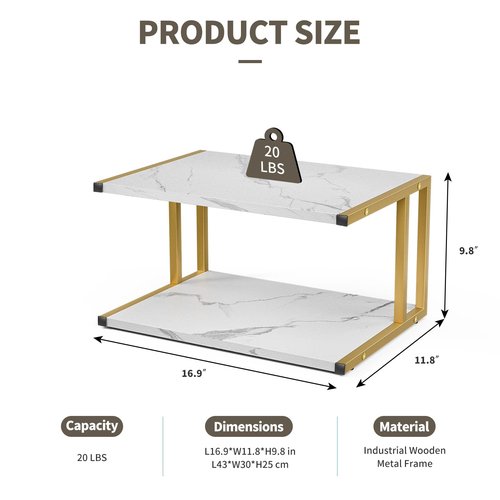 XBurmo 2 Tier Printer Stand, Desktop Printer Stand with Reinforced Metal Frame, Marble White Design Printer Shelf for Home Office, Compact Printer Stand for Desk or Under Desk, Holds Up to 20lbs