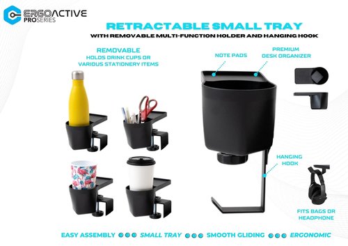 ErgoActive Small Size Keyboard Tray with Multi-Function Cup Holder, Clamp On Easy Installation, Desk Organizer (Small Tray) (with Cup Holder)